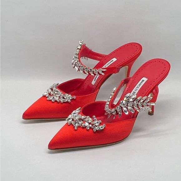 Manolo Blahnik Lurum 90MM Embellished Satin Mules size 37.5 - Picture 6 of 16